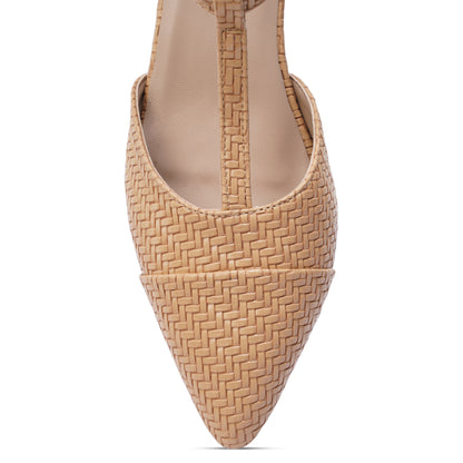 Stella T-Strap Basket Weave Block heel- Nude Tone