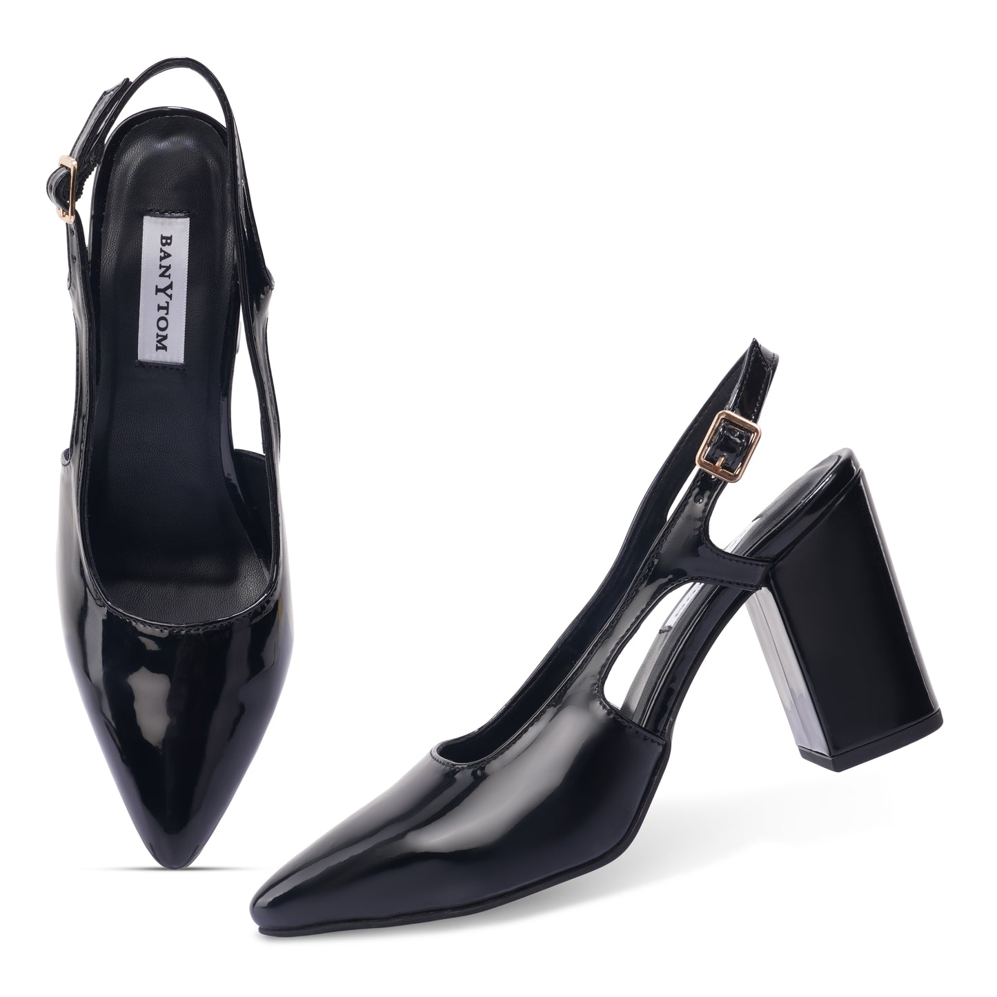 The Signature Patent Slingback Block Heels - Glossy Black