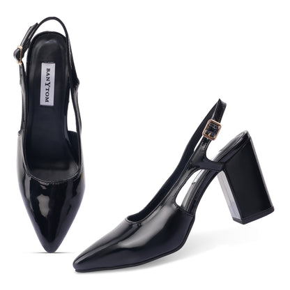 The Signature Patent Slingback Block Heels - Glossy Black