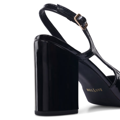 The Signature Patent Slingback Block Heels - Glossy Black